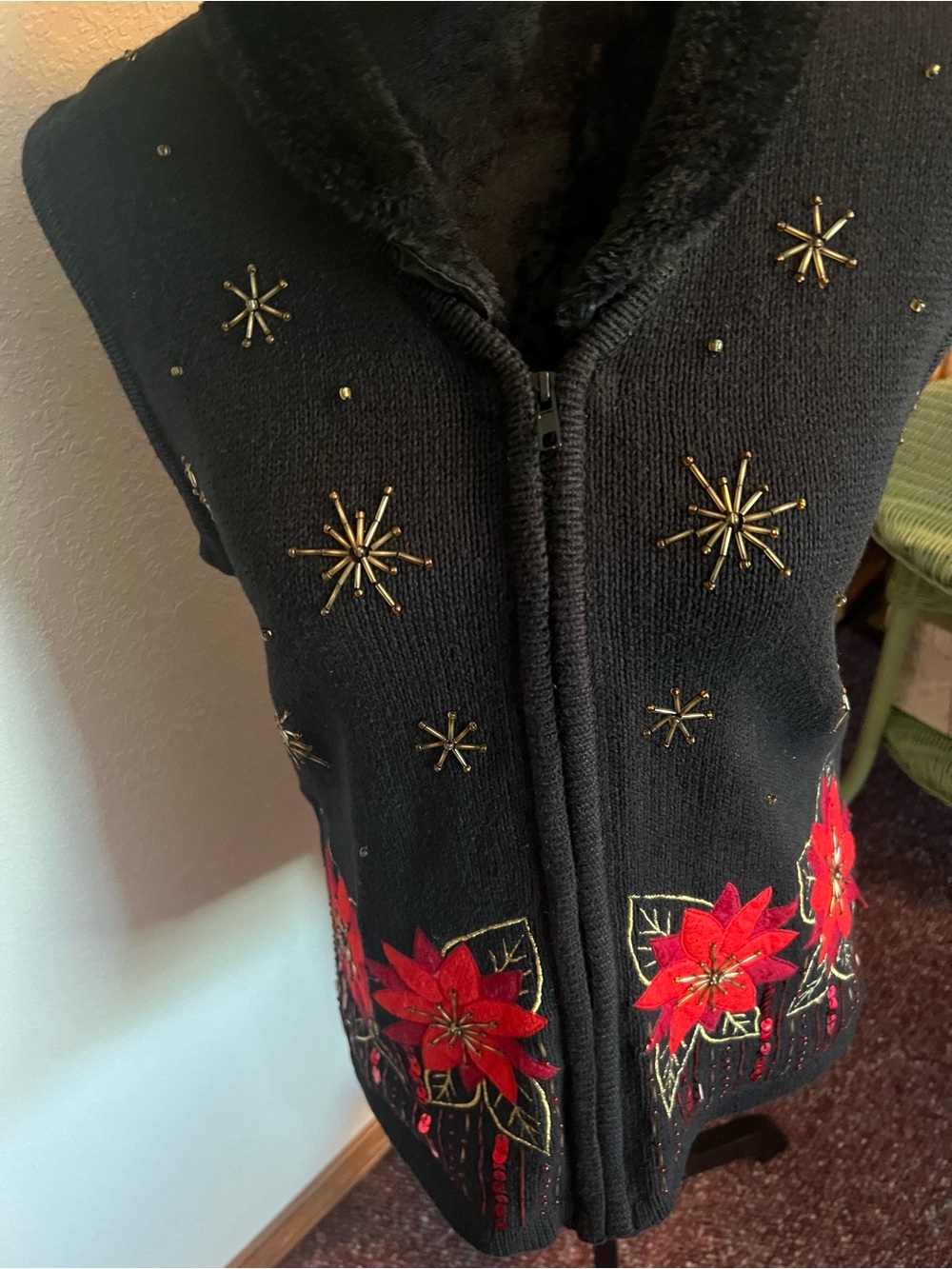 Kim Rogers Black Vest with Red Poinsettias & Gold Starburst Accents